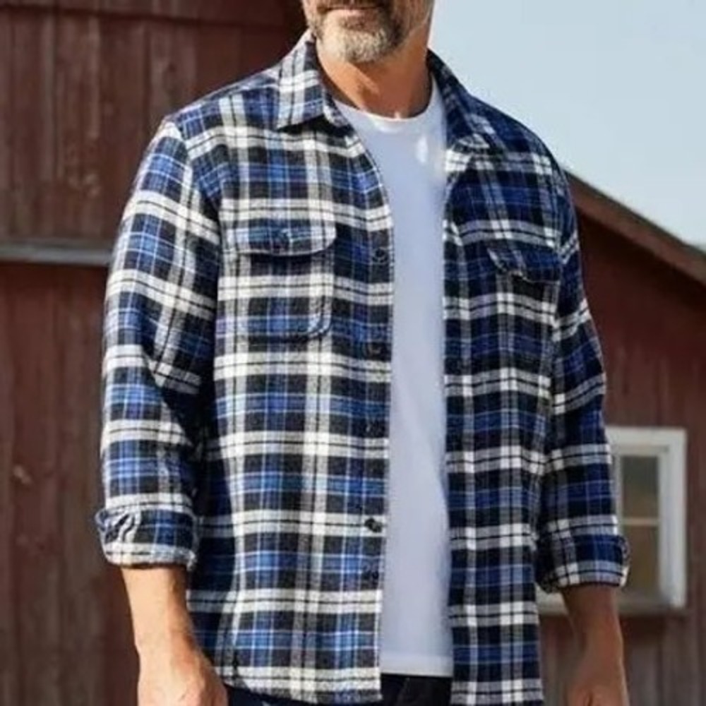 Orvis Mens Blue Black White Plaid Flannel Button Down Shirt Size Large Cotton